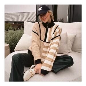 NWT STAUD Hampton Striped Sweater Size L Quarter Zip Colorblock Oversized